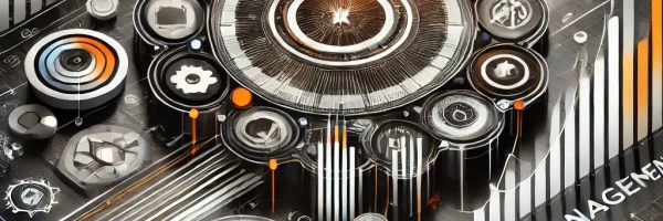 Futuristic technology interface with graphs and gears.