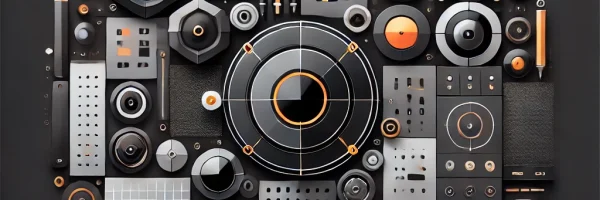 Abstract geometric composition with various interconnected shapes.